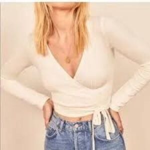 Reformation Petals Wrap Ribbed Knit Long Sleeve Top Blouse White Large